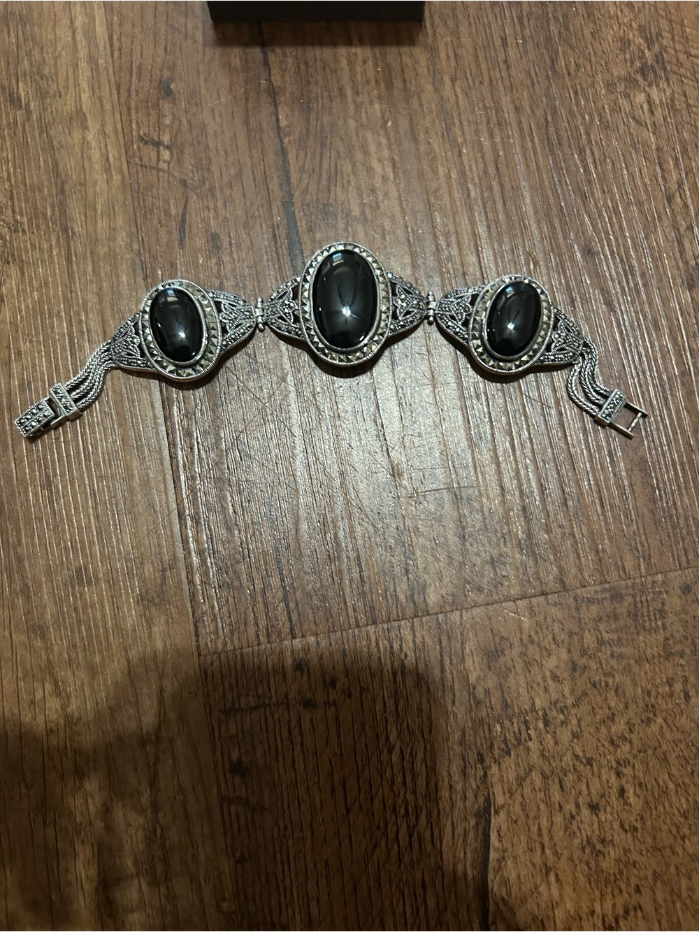 Vintage Sterling Silver 925 Onyx Marcasite Art Deco Style Link Bracelet
